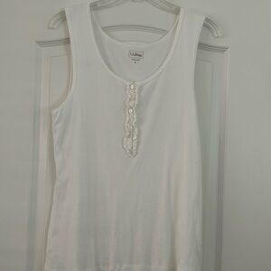 LL Bean White Tank Top with Ruffle and Button Accents. Like New